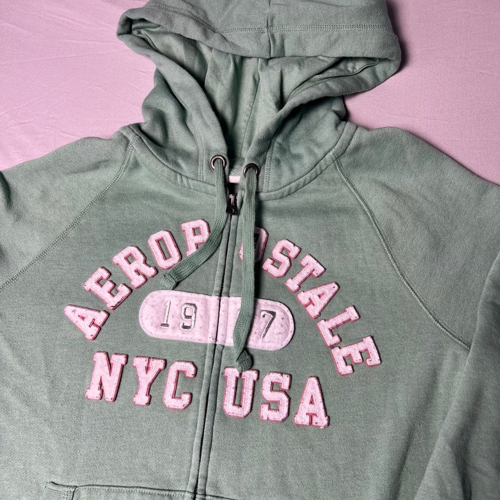 Aeropostale Full Zip Hoodie Sage Green Pink Logo Fleece Sweatshirt XL RN154379